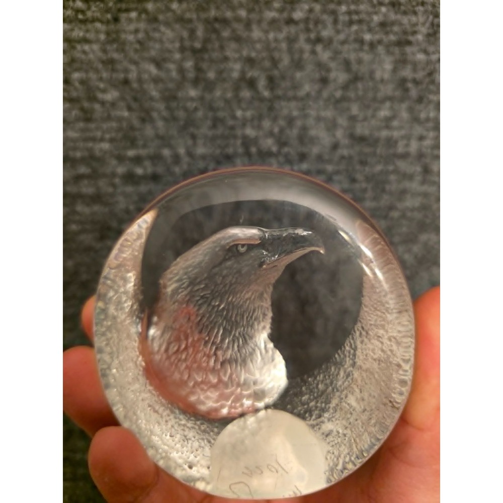 Mats Jonasson Sweden Signed Crystal Eagle Paperweight Intaglio Art Glass Decor